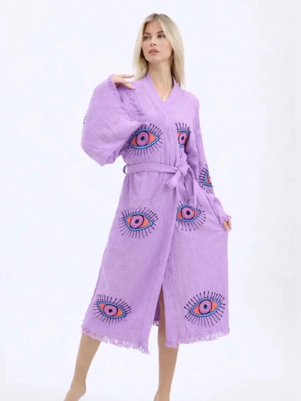 NWOT - SUNSET EYE ROBE/KIMONO Pink Embroidered Eye Robe with Belt Size M - Picture 2 of 7